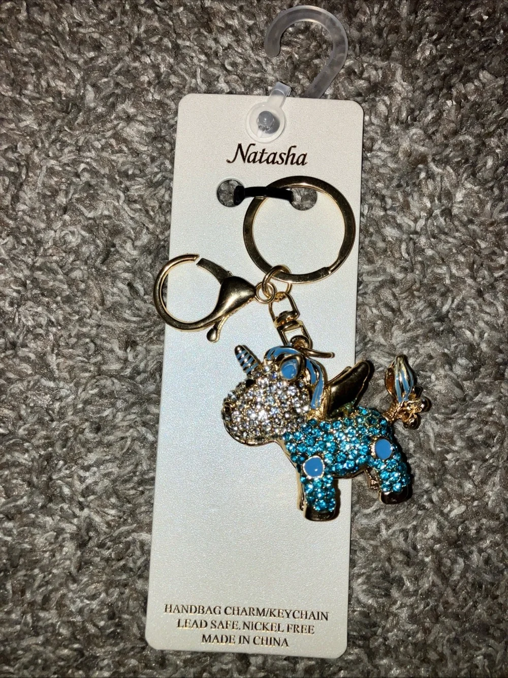 Natasha Couture Gold-Tone Blue Crystal Unicorn Bag Charm New